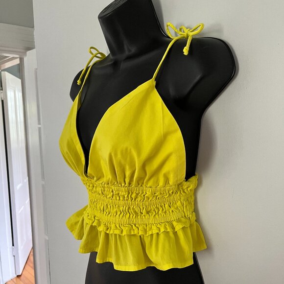 Sim & Sam Boho Yellow Shoulder Tie Smocked Crop Cami Top, Size Medium - Picture 2 of 8